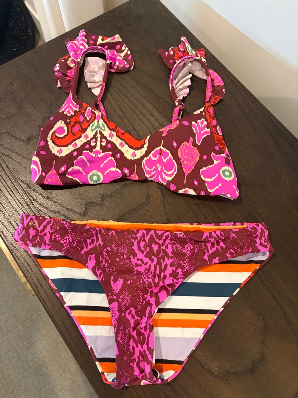 Maaji medium reversible Pink & Burgundy Patterned Two-Piece Bikini/stripes